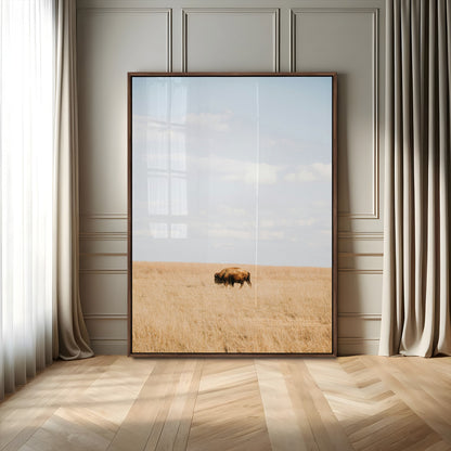 96766166-MGV-CV-24X36-Minimalist Nature Wall Art Canvas Print, Framed Bison In Grassland Art Picture Print, Open Field Perfect Modern Ranch Decor Decor