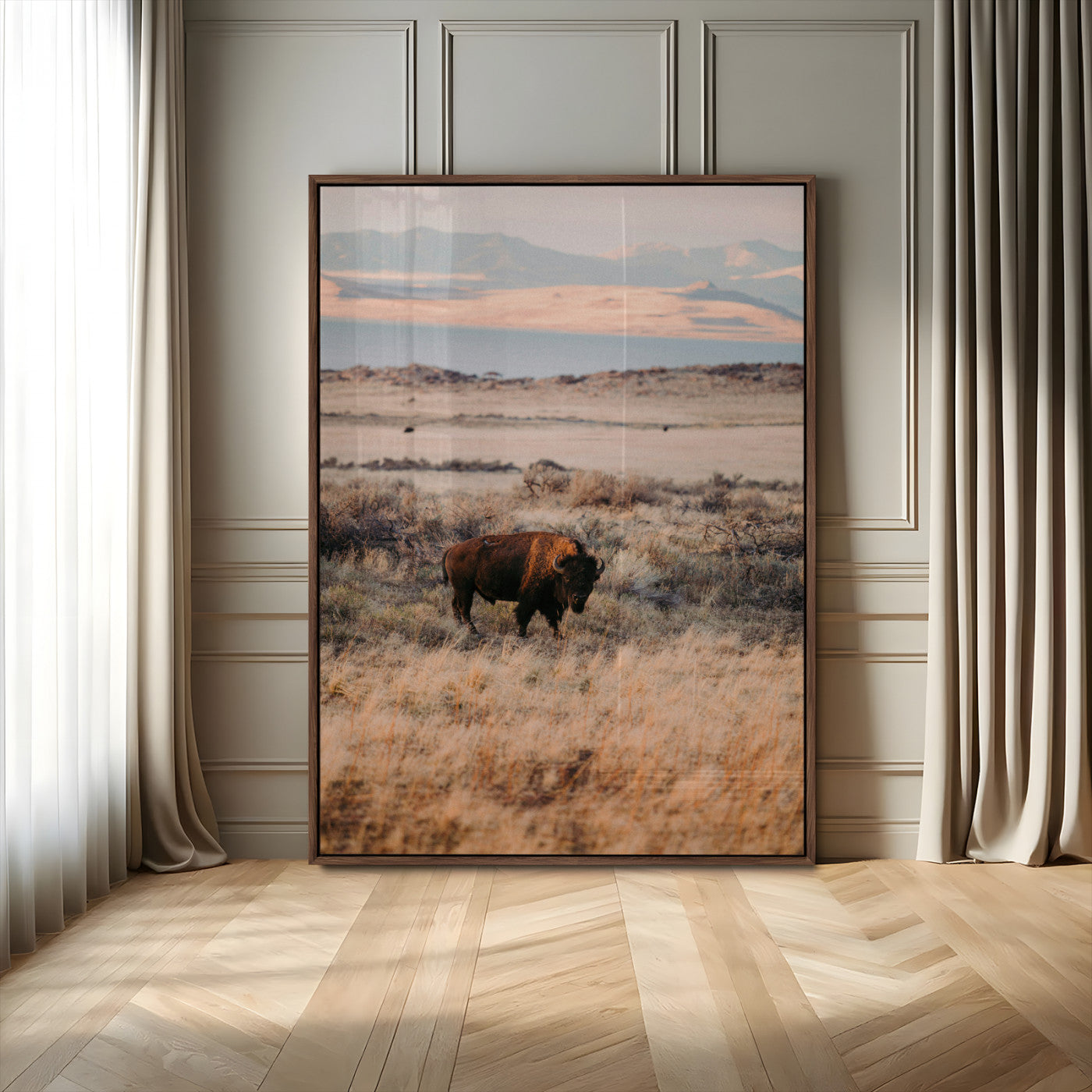75146693-MGV-CV-24X36-Solitary Buffalo Wall Art Canvas Print, Framed Golden Prairie Art Picture Print, Earthy Tones Perfect Rustic Western Decor Artwork