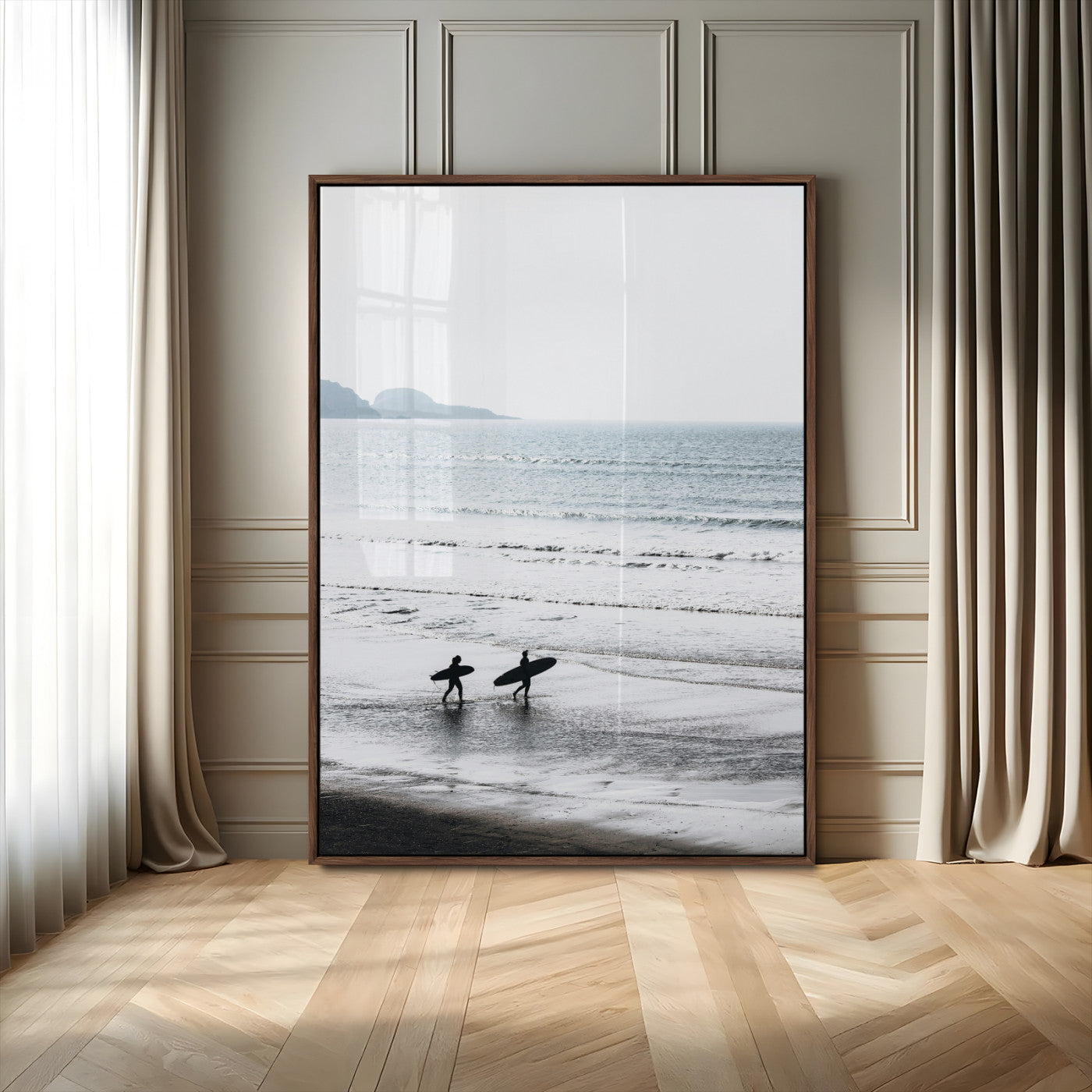 58090796-MGV-CV-24X36-Surfer Silhouettes Wall Art Canvas Print, Framed Minimalist Ocean Art Picture Print, Soft Horizon Perfect Minimalist Coastal Decor