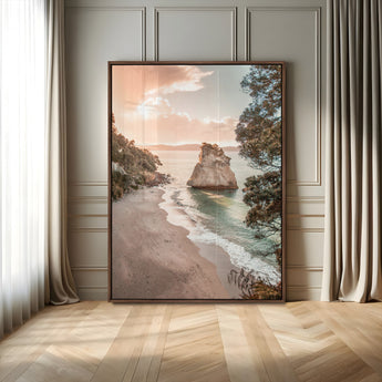 34220311-MGV-CV-24X36-Coastal Rock Wall Art – Sunset Beach Canvas Print with Ocean Waves and Golden Light, Scenic Seaside Photography for Bedroom,