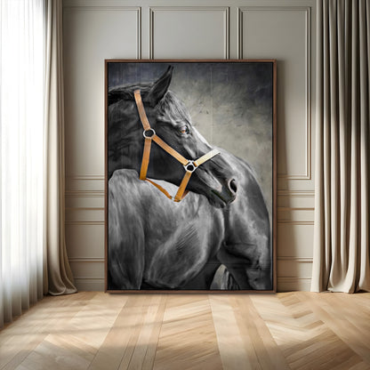 40324916-MGV-CV-24X36-Horse Wall Art – Equestrian Canvas Print, Elegant Black Stallion Portrait with Golden Halter, Rustic Western Photography Decor for