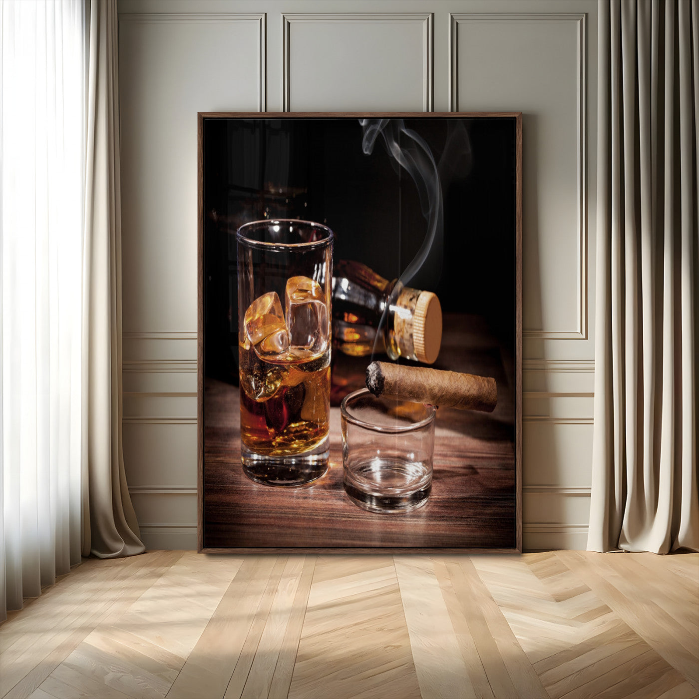 13274-MGV-CV-24X36-Whiskey Glass Wall Art Canvas Print, Framed Smoking Cigar Art Picture Print, Amber Whiskey Perfect Masculine Rustic Decor Artwork