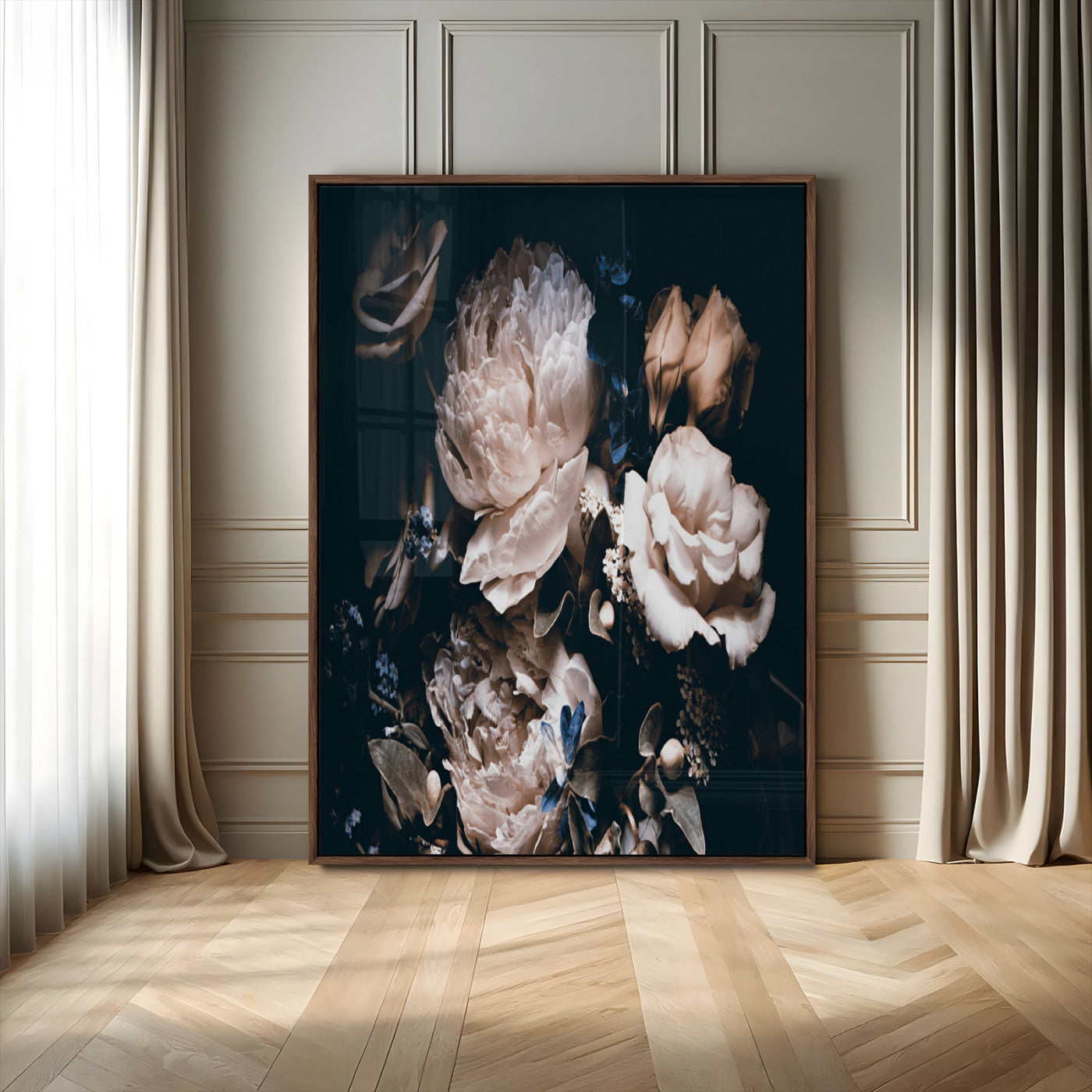 47195-MGV-CV-24X36-Moody Peonies Wall Art Canvas Print, Framed Dark Floral Art Picture Print, Creamy Rose Perfect Baroque Floral Decor Artwork