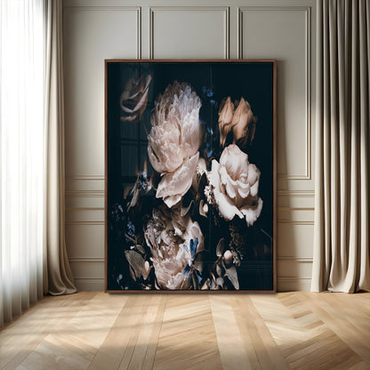 47195-MGV-CV-24X36-Moody Peonies Wall Art Canvas Print, Framed Dark Floral Art Picture Print, Creamy Rose Perfect Baroque Floral Decor Artwork