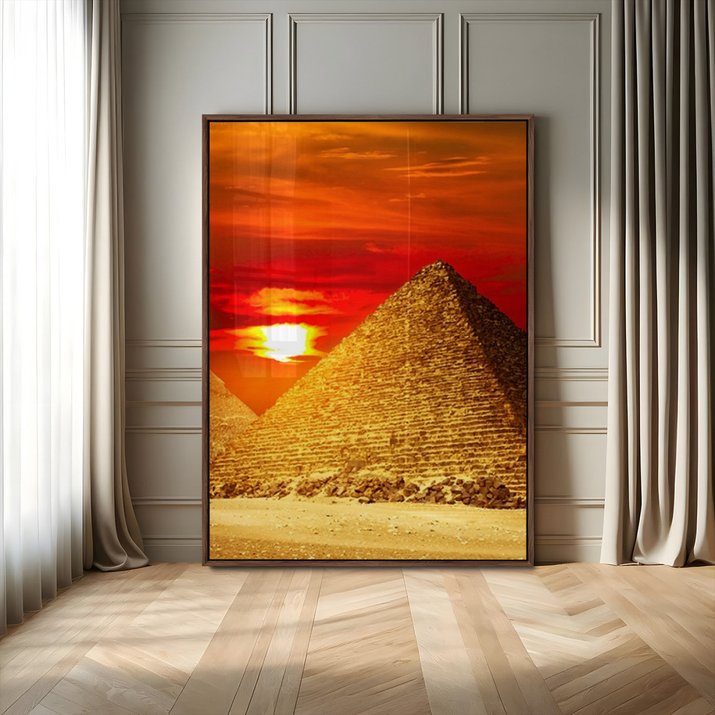 13047-MGV-CV-24X36-Pyramids Giza Wall Art – Golden Sunset Egypt Canvas Print, Ancient World Landmark Photography Decor for Living Room, Office, Study