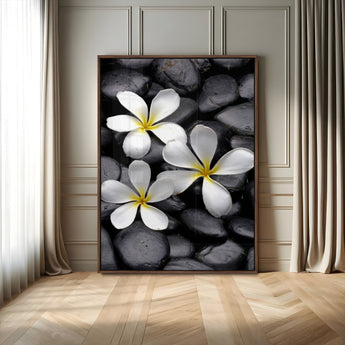 45657-MGV-CV-24X36-Large Wall Art White Flowers on Black Zen Meditation Stones Vertical Canvas Print