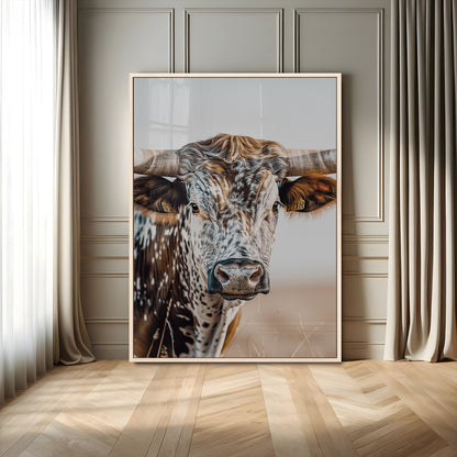 50803532-MGV-FP-48X32-3P-Texas Longhorn Wall Art Canvas Print, Framed Speckled Cow Art Picture Print, Horned Bull Perfect Rustic Western Decor Artwork