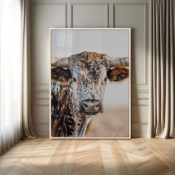 50803532-MGV-CV-24X36-Texas Longhorn Wall Art Canvas Print, Framed Speckled Cow Art Picture Print, Horned Bull Perfect Rustic Western Decor Artwork