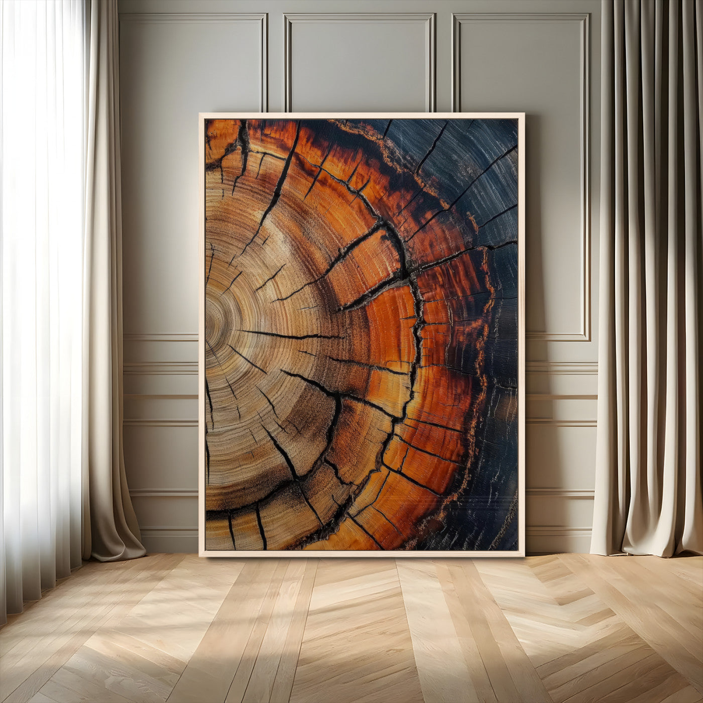 12078265-MGV-CV-24X36-Tree Rings Wall Art Canvas Print, Framed Burnt Wood Art Picture Print, Rustic Texture Perfect Rustic Earth Decor Artwork