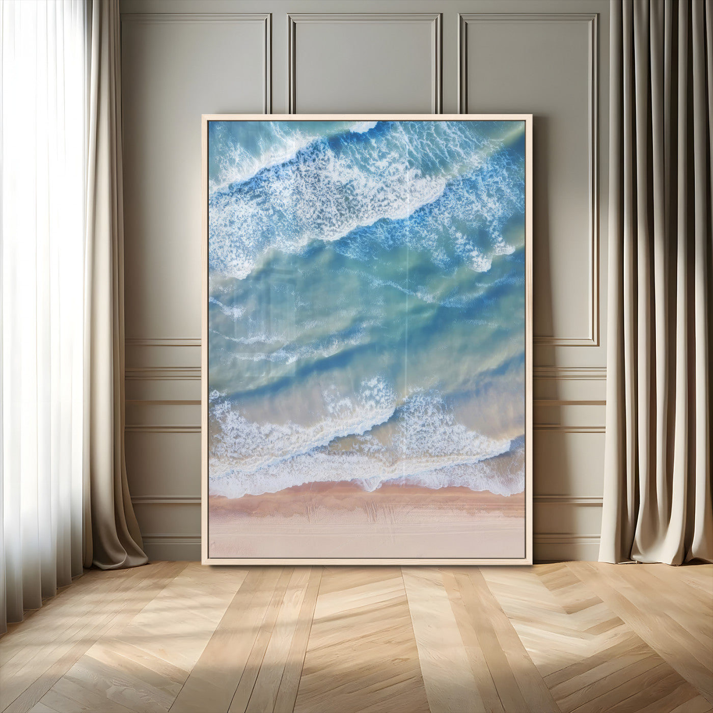 81208260-MGV-CV-24X36-Aerial Ocean Wall Art Canvas Print, Framed Blue Waves Art Picture Print, Sandy Shoreline Perfect Modern Coastal Decor Artwork