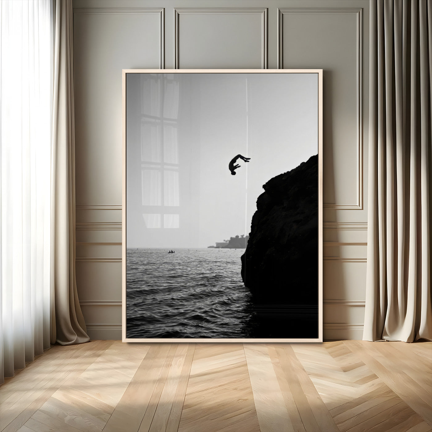 99497106-MGV-FP-48X32-3P-Cliff Jumping Wall Art Canvas Print, Framed Black White Ocean Art Picture Print, Monochrome Cliff Perfect Minimalist Adventure