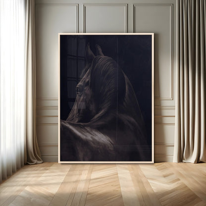 67026880-MGV-CV-24X36-Black Horse Portrait Wall Art Canvas Print, Framed Moody Horse Decor Art Picture Print, Equestrian Wall Style Perfect Masculine