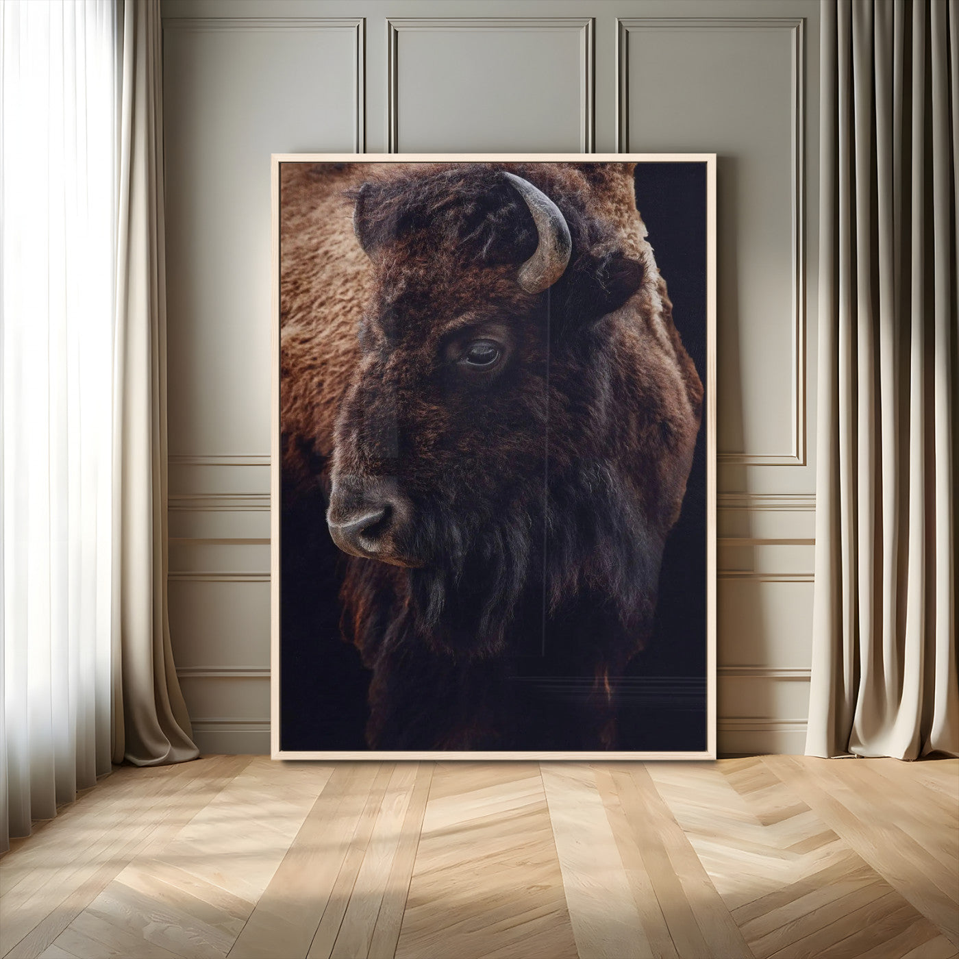 56758157-MGV-CV-24X36-Bison Portrait Wall Art Canvas Print, Framed Rustic Wall Accent Art Picture Print, Lodge Style Perfect Rustic Lodge Decor Artwork