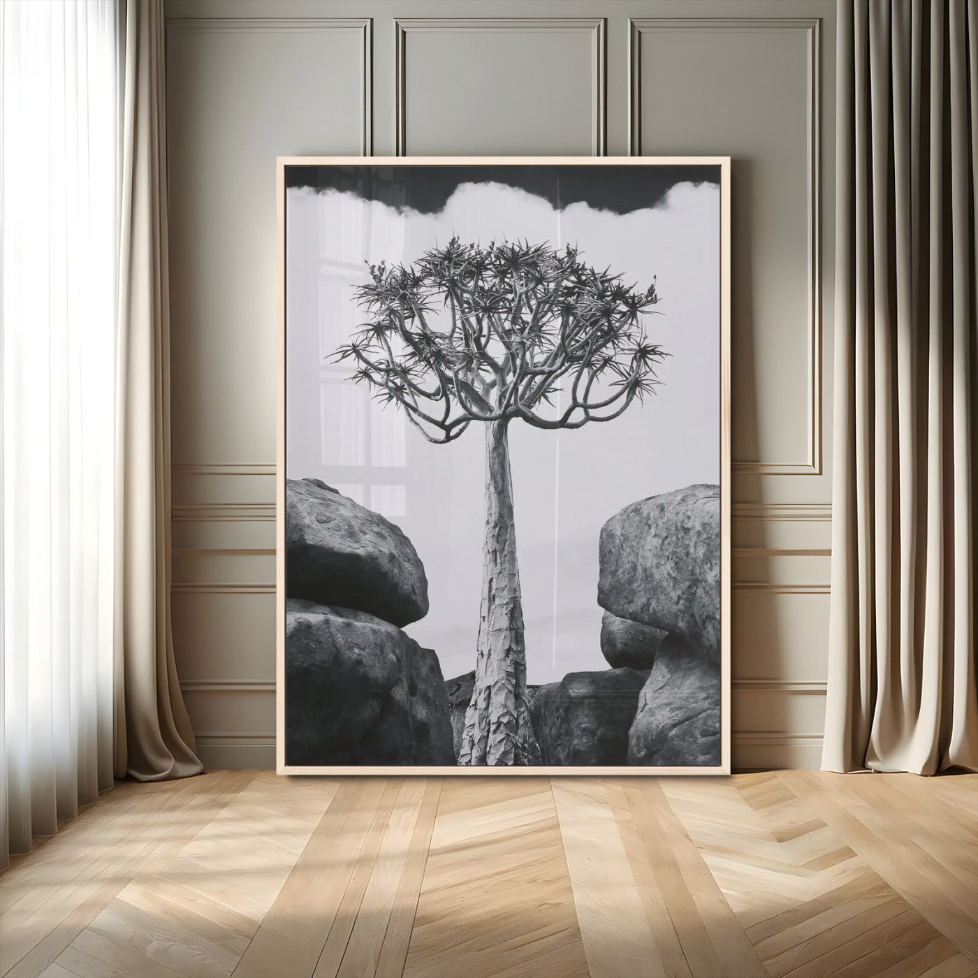 60628080-MGV-FP-48X32-3P-Bold Tree Silhouette Wall Art Canvas Print, Framed Sculptural Tree Shape Art Picture Print, Desert Tree Perfect Modern Desert