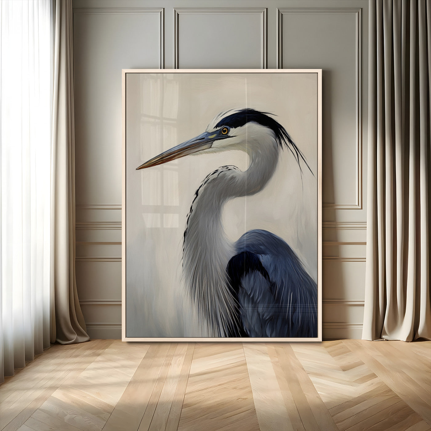 60171823-MGV-FP-48X32-3P-Blue Heron Wall Art Canvas Print, Framed Coastal Bird Theme Art Picture Print, Minimalist Wildlife Perfect Coastal Minimalist