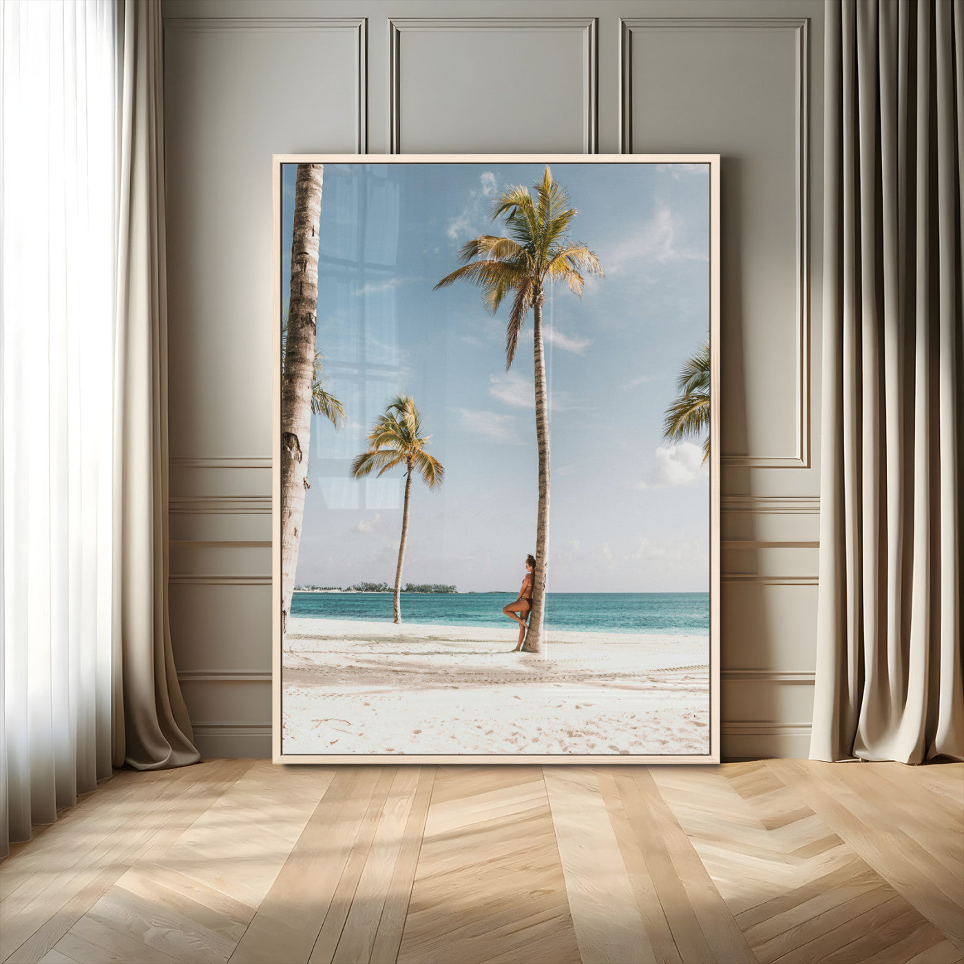 27750035-MGV-FP-48X32-3P-Tropical Beach Scene Wall Art Canvas Print, Framed Palm Tree Photography Art Picture Print, Island Paradise Decor Perfect Coastal
