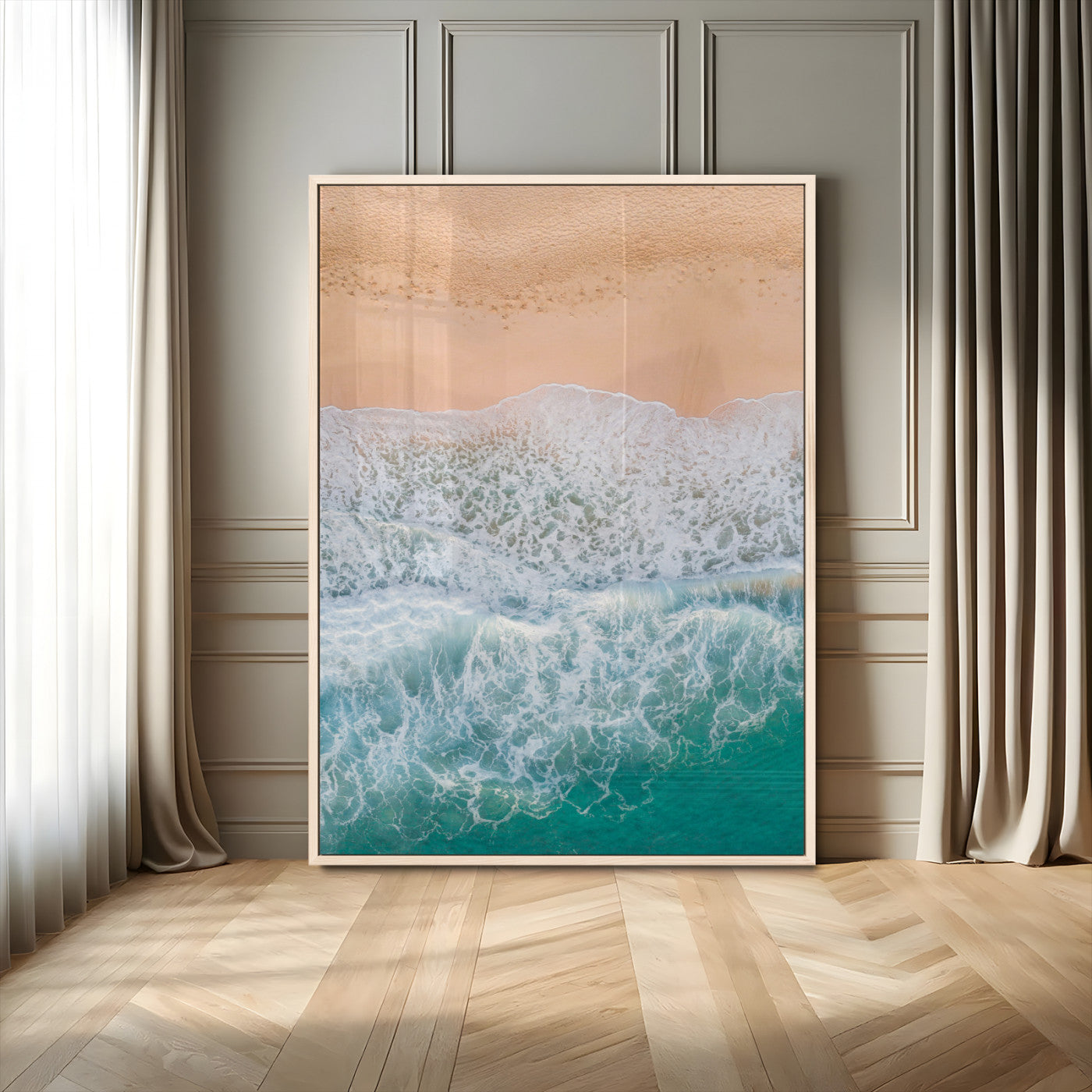 91434062-MGV-CV-24X36-Beach Aerial Wall Art Canvas Print, Framed Soft Waves Art Picture Print, Ocean Tranquility Perfect Coastal Minimalist Decor