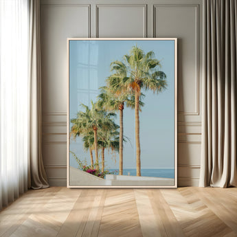 46777020-MGV-CV-24X36-Palm Tree Wall Art – Coastal Canvas Print with Tall Palms and Blue Sky, Minimal Tropical Photography, Relaxing Beach Decor for