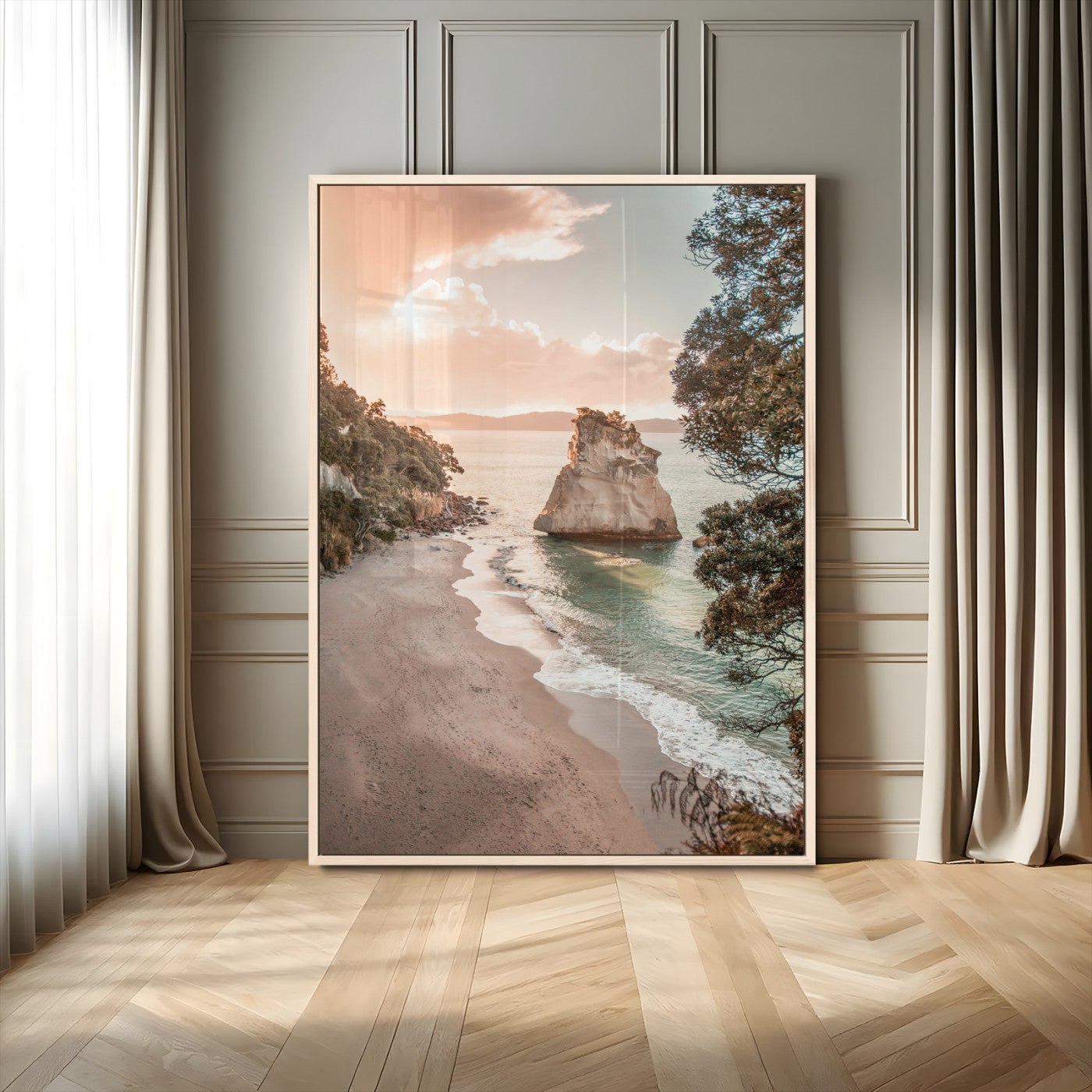 34220311-MGV-CV-24X36-Coastal Rock Wall Art – Sunset Beach Canvas Print with Ocean Waves and Golden Light, Scenic Seaside Photography for Bedroom,