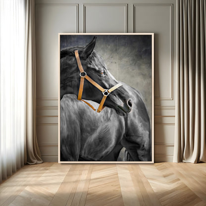 40324916-MGV-CV-24X36-Horse Wall Art – Equestrian Canvas Print, Elegant Black Stallion Portrait with Golden Halter, Rustic Western Photography Decor for