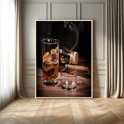 13274-MGV-CV-24X36-Whiskey Glass Wall Art Canvas Print, Framed Smoking Cigar Art Picture Print, Amber Whiskey Perfect Masculine Rustic Decor Artwork