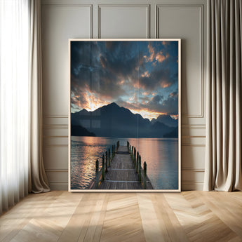 16043-MGV-CV-24X36-Mountain Lake Wall Art Canvas Print, Framed Sunset Reflection Art Picture Print, Calm Horizon Perfect Moody Nature Decor Artwork