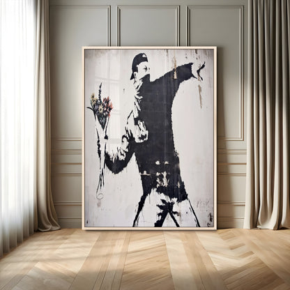 64032-MGV-CV-24X36-Flower Thrower Wall Art Canvas Print, Framed Urban Protest Art Picture Print, Graffiti Style Perfect Urban Contemporary Decor