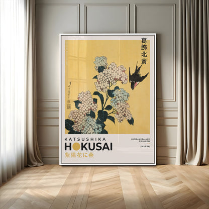 11004-MGV-CV-24X36-Hokusai Hydrangea Wall Art – Japanese Floral Canvas Print with Swallow Bird, Classic Ukiyo-e Nature Decor for Bedroom, Office or