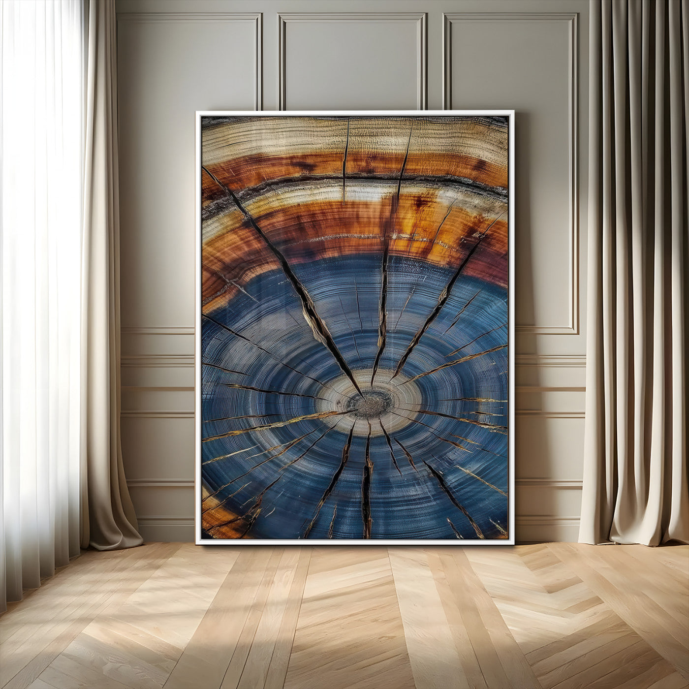 58959380-MGV-FP-48X32-3P_White-Tree Rings Wall Art Canvas Print, Framed Wood Texture Art Picture Print, Blue Grain Perfect Rustic Modern Decor Artwork