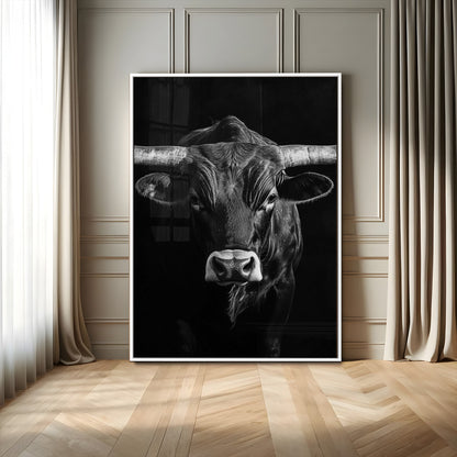 75358747-MGV-CV-24X36-Texas Longhorn Wall Art Canvas Print, Framed Monochrome Bull Art Picture Print, Horned Bull Perfect Minimalist Western Decor