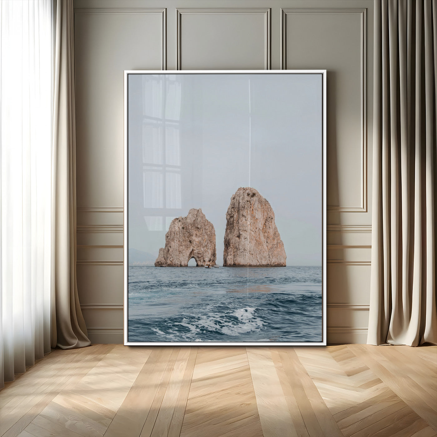 23148844-MGV-FP-48X32-3P-Faraglioni Capri Wall Art Canvas Print, Framed Serene Ocean Art Picture Print, Mediterranean Coastal Perfect Mediterranean