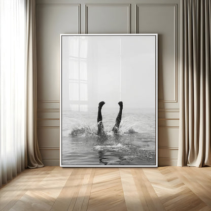 43900465-MGV-CV-24X36-Minimal Ocean Wall Art Canvas Print, Framed Monochrome Diving Art Picture Print, Swimmer in Sea Perfect Minimalist Coastal Decor
