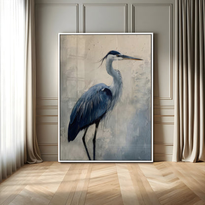 51380726-MGV-FP-48X32-3P-Blue Heron Decor Wall Art Canvas Print, Framed Coastal Bird Design Art Picture Print, Minimal Heron Portrait Perfect Coastal