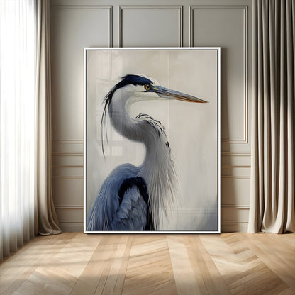 79581184-MGV-FP-48X32-3P-Blue Heron Wall Art Canvas Print, Framed Elegant Wildlife Art Picture Print, Minimalist Bird Theme Perfect Coastal Minimalist