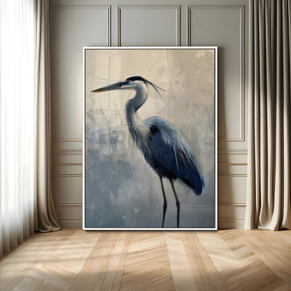 68368019-MGV-CV-24X36-Blue Heron Art Wall Art Canvas Print, Framed Crane Bird Painting Art Picture Print, Elegant Wildlife Scene Perfect Coastal