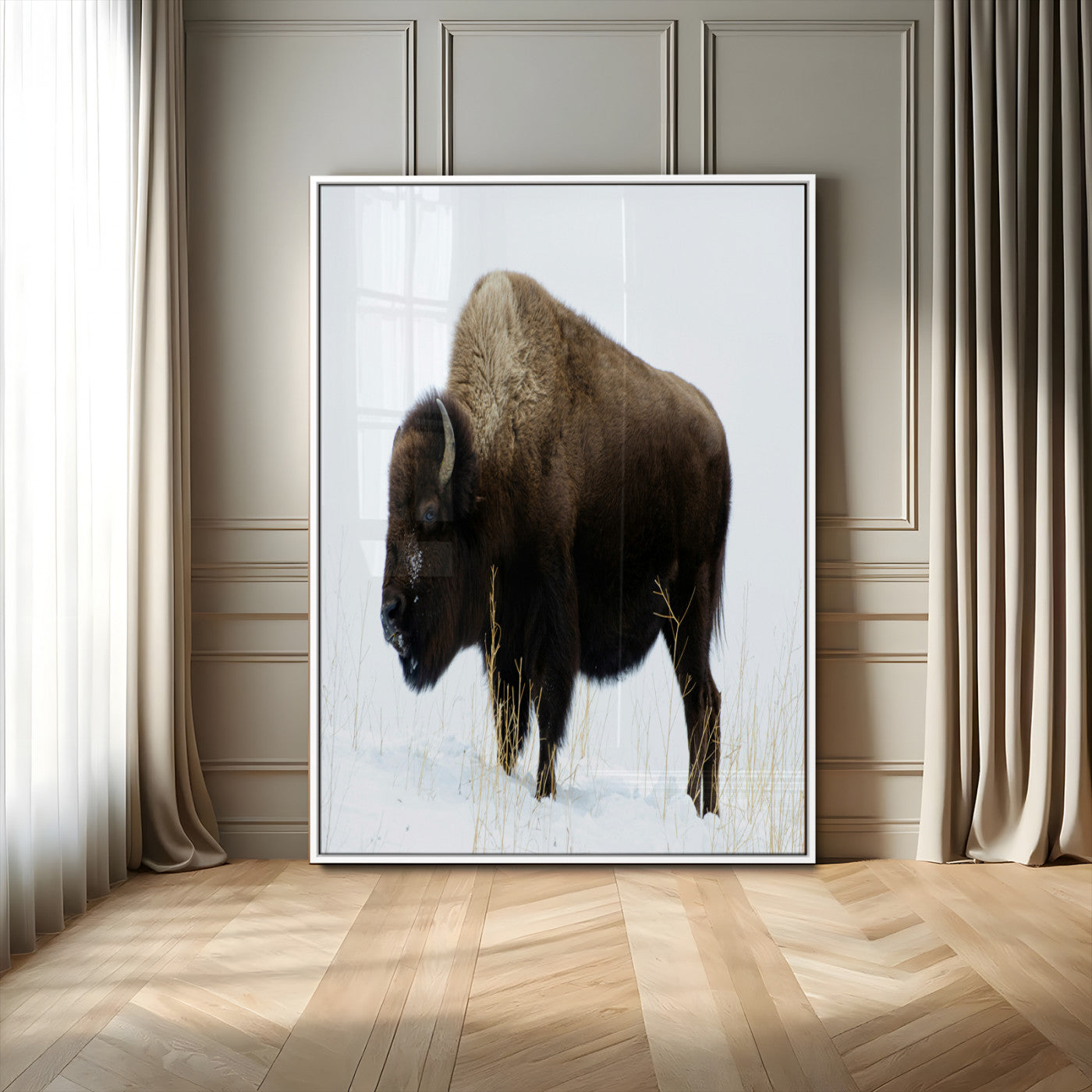 76778120-MGV-CV-24X36-Bison Photography Wall Art Canvas Print, Framed Western Wildlife Art Picture Print, Buffalo On Snow Perfect Western Rustic Decor