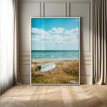 21725303-MGV-FP-48X32-3P-Coastal Serenity Wall Art Canvas Print, Framed Ocean View Art Picture Print, Rustic Boat Perfect Nautical Coastal Decor Artwork
