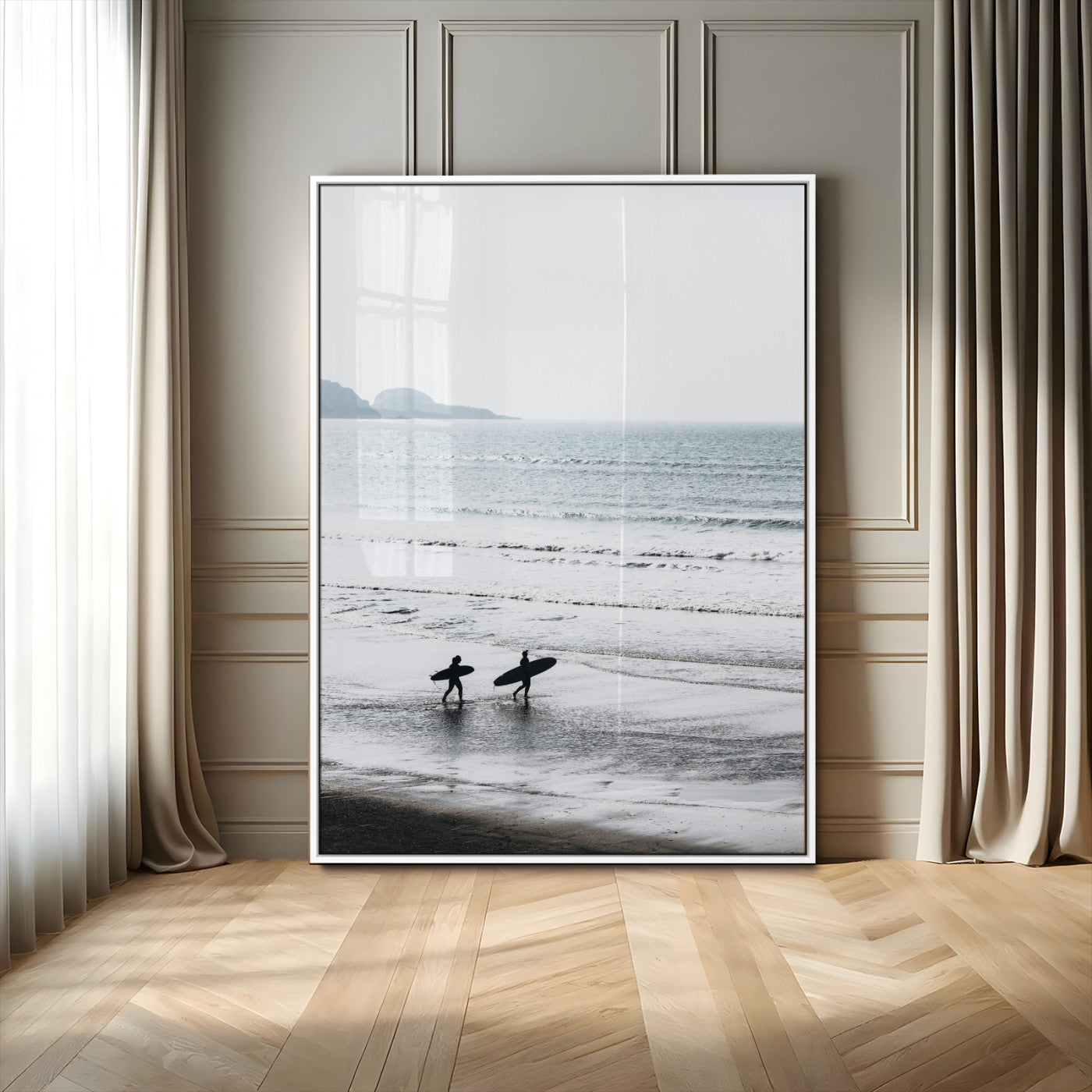 58090796-MGV-CV-24X36-Surfer Silhouettes Wall Art Canvas Print, Framed Minimalist Ocean Art Picture Print, Soft Horizon Perfect Minimalist Coastal Decor