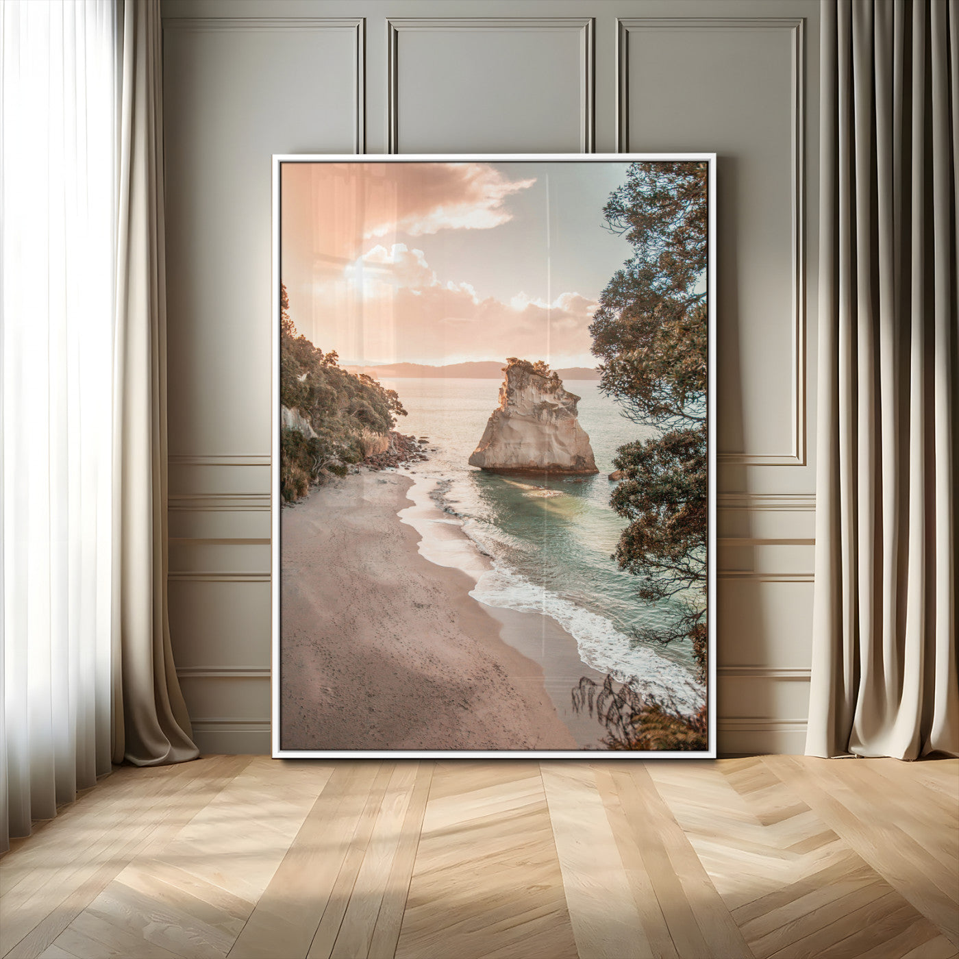 34220311-MGV-CV-24X36-Coastal Rock Wall Art – Sunset Beach Canvas Print with Ocean Waves and Golden Light, Scenic Seaside Photography for Bedroom,