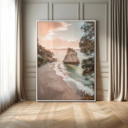 34220311-MGV-CV-24X36-Coastal Rock Wall Art – Sunset Beach Canvas Print with Ocean Waves and Golden Light, Scenic Seaside Photography for Bedroom,