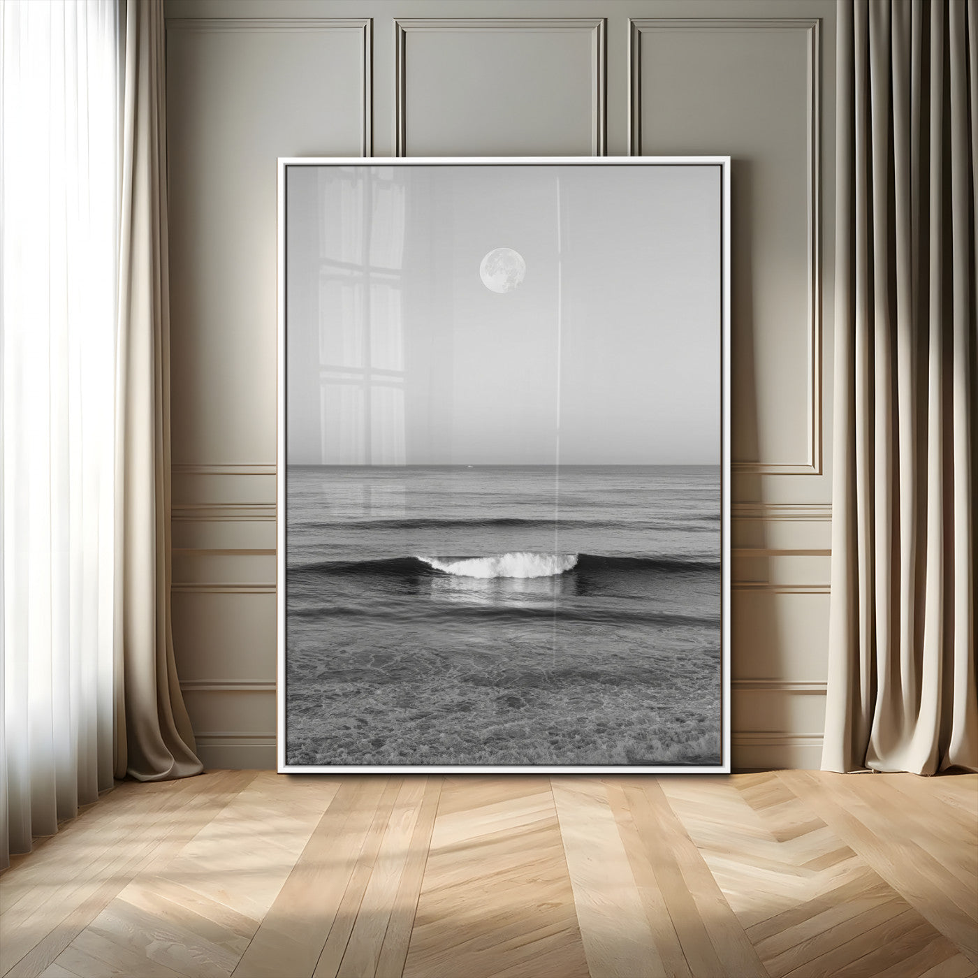 10207552-MGV-CV-24X36-Minimalist Ocean Moon Wall Art – Black and White Seascape Photography Print, Coastal Decor, Calm Ocean Waves with Full Moon for
