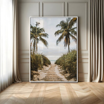 53859552-MGV-FP-48X32-3P_White-Tropical Beach Wall Art – Palm Tree Pathway Canvas Print, Coastal Paradise Photography Decor for Living Room, Bedroom, Office,