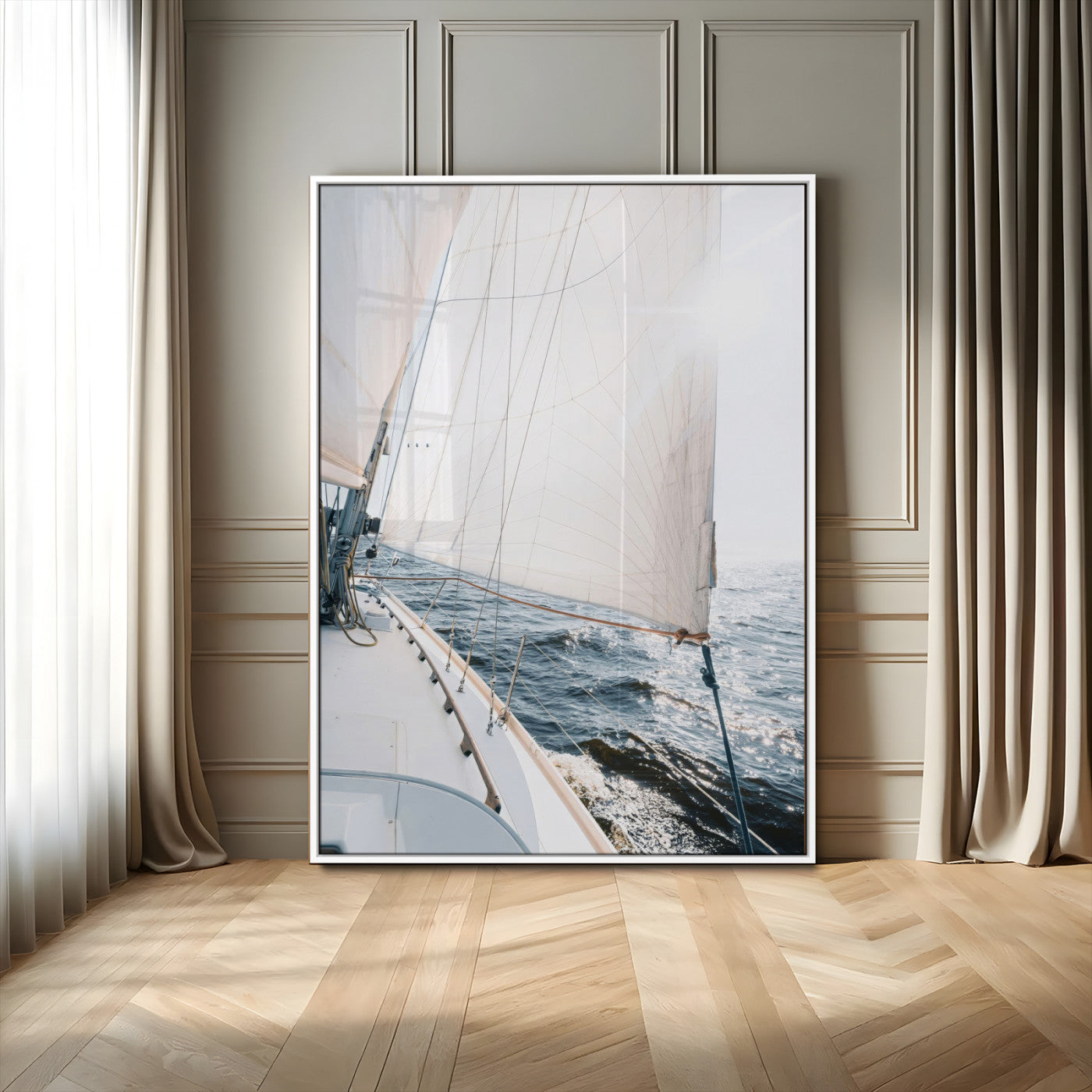 95552990-MGV-CV-24X36-Nautical Sailing Wall Art – Sailboat with White Sails and Ocean Waves, Coastal Photography Print, Seaside Decor for Beach House &