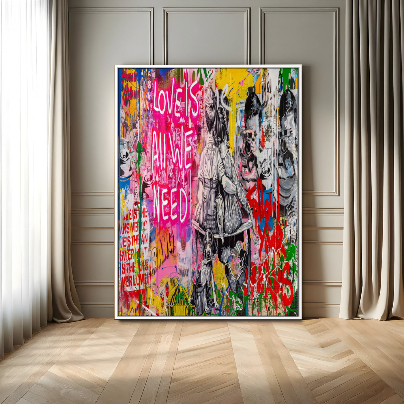 23129-MGV-CV-24X36-Street Love Wall Art Canvas Print, Framed Pop Graffiti Art Picture Print, Neon Lettering Perfect Urban Pop Decor Artwork