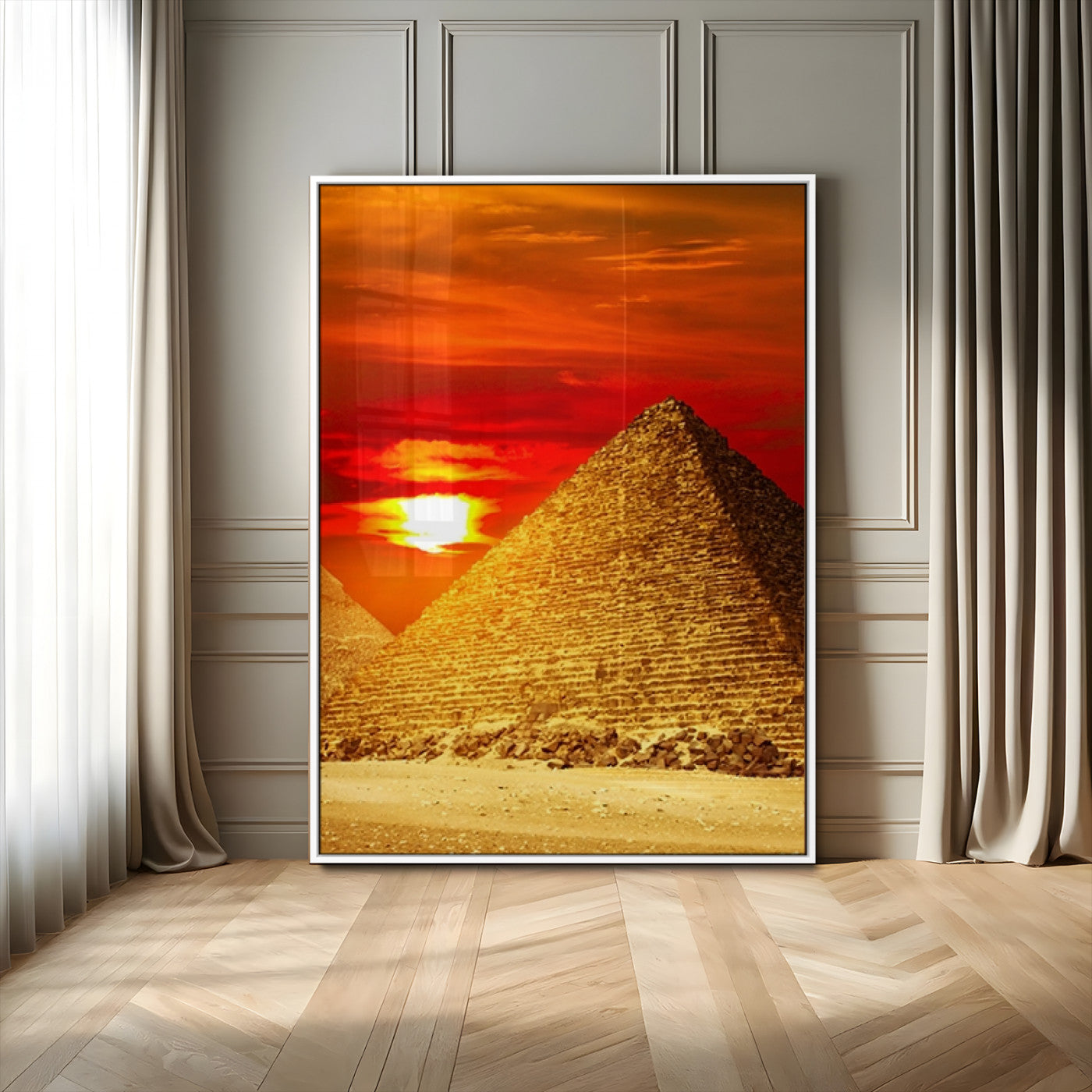 13047-MGV-CV-24X36-Pyramids Giza Wall Art – Golden Sunset Egypt Canvas Print, Ancient World Landmark Photography Decor for Living Room, Office, Study