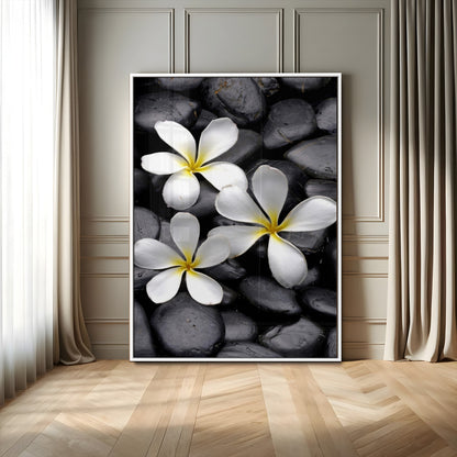 45657-MGV-CV-24X36-Large Wall Art White Flowers on Black Zen Meditation Stones Vertical Canvas Print