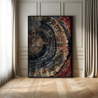 Test1-MGV-CV-24X36-Rustic Tree Ring Wall Art – Abstract Wood Grain Canvas Print, Natural Blue and Red Toned Artwork for Living Room, Bedroom, Office