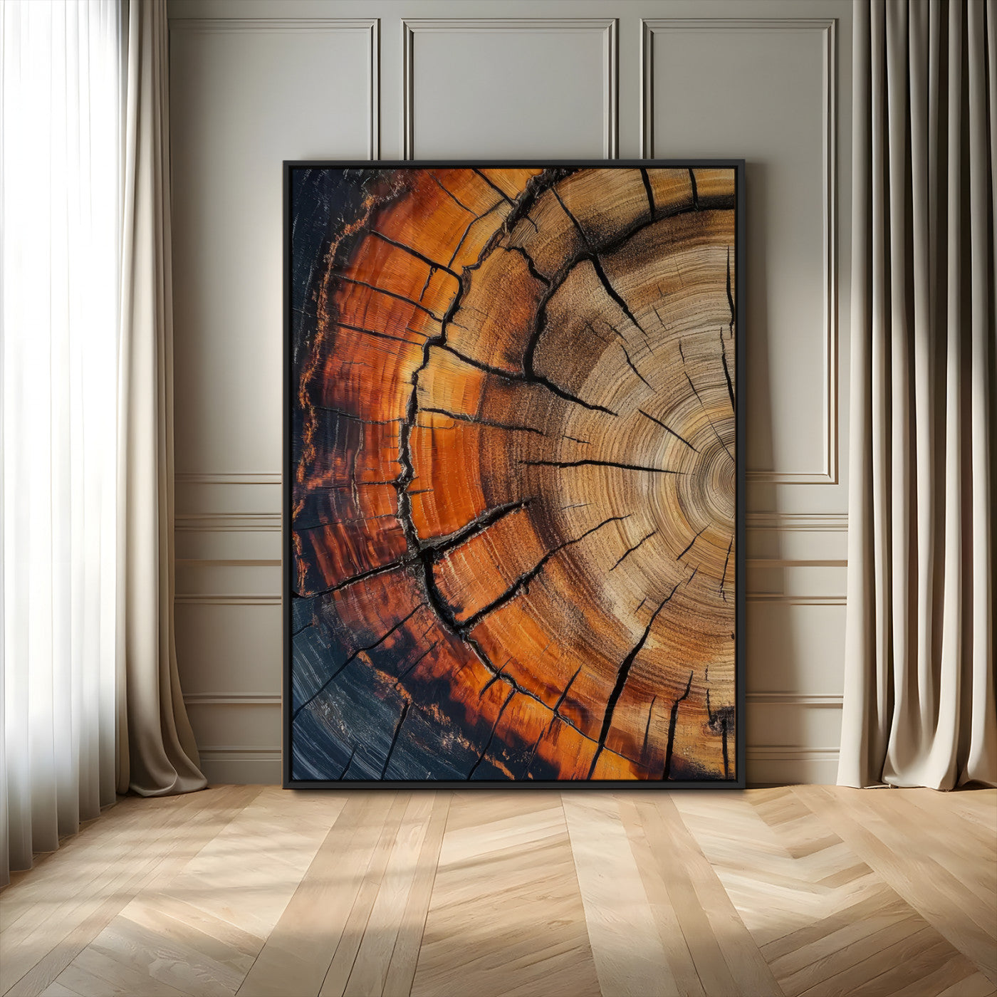 33751185-MGV-FP-48X32-3P-Tree Rings Wall Art Canvas Print, Framed Wood Detail Art Picture Print, Rustic Texture Perfect Rustic Warm Decor Artwork