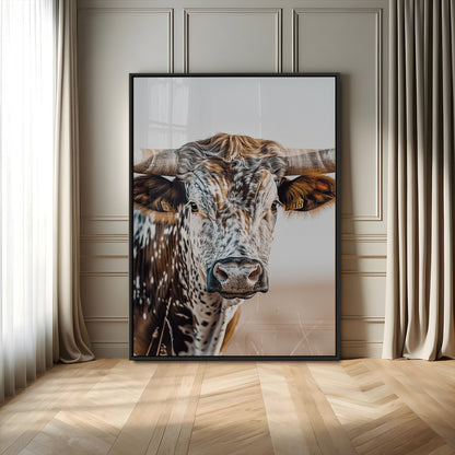50803532-MGV-CV-24X36-Texas Longhorn Wall Art Canvas Print, Framed Speckled Cow Art Picture Print, Horned Bull Perfect Rustic Western Decor Artwork