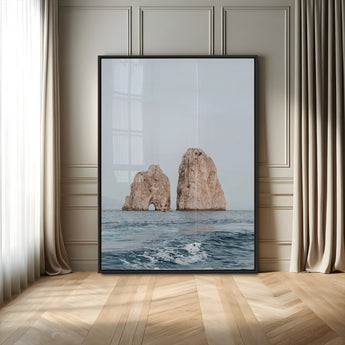 23148844-MGV-FP-48X32-3P-Faraglioni Capri Wall Art Canvas Print, Framed Serene Ocean Art Picture Print, Mediterranean Coastal Perfect Mediterranean